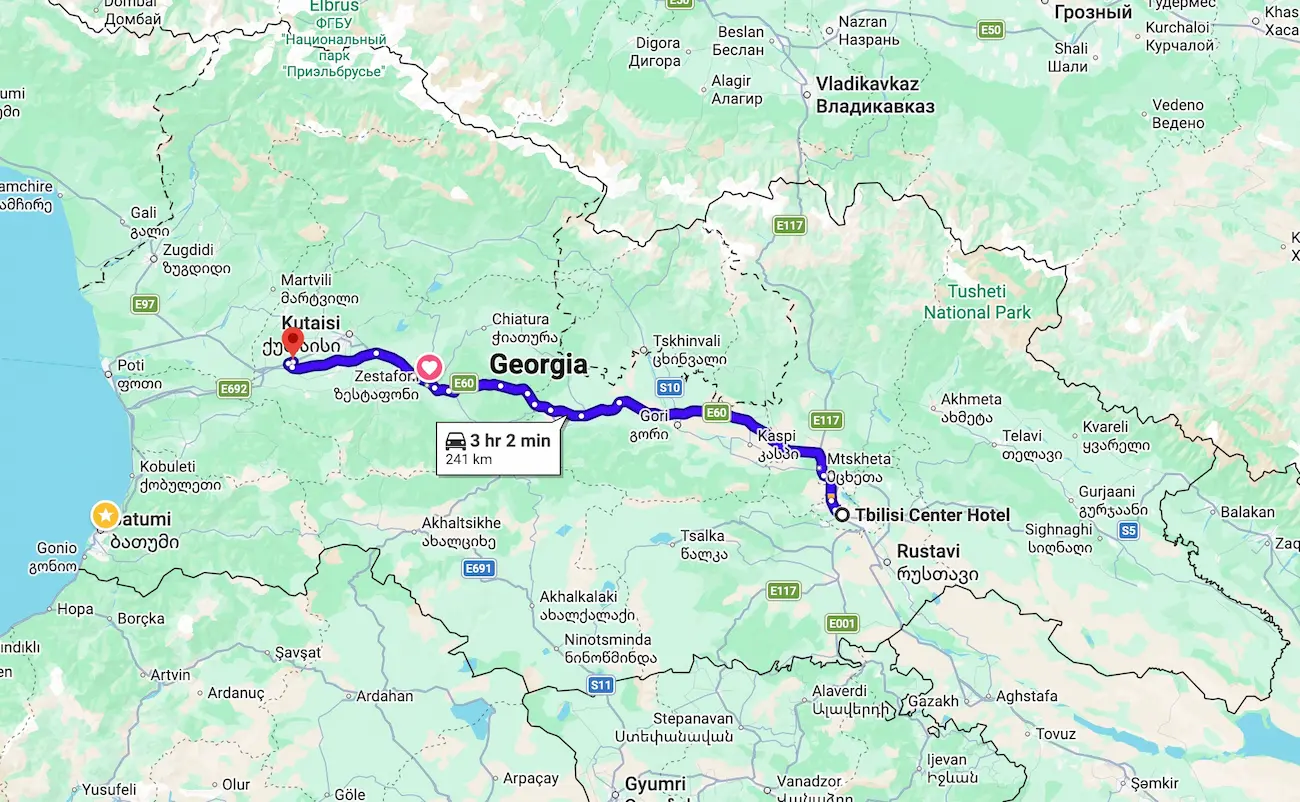 Route Kutaisi nach Tiflis 240 km Karte