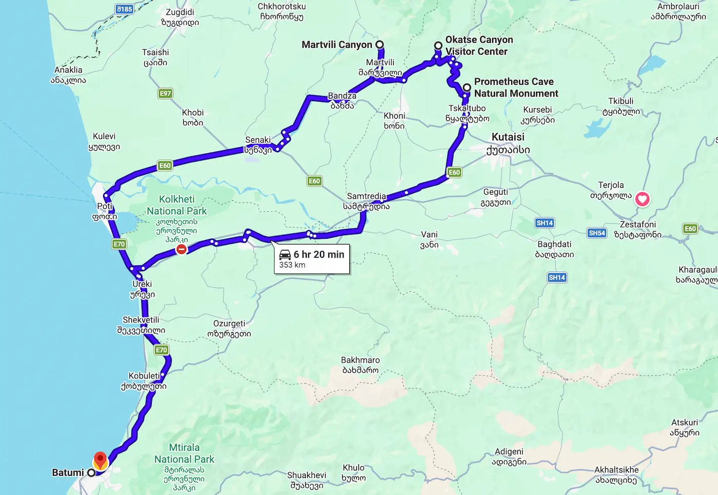 Route Batumi Martvili Canyon Karte Entfernung