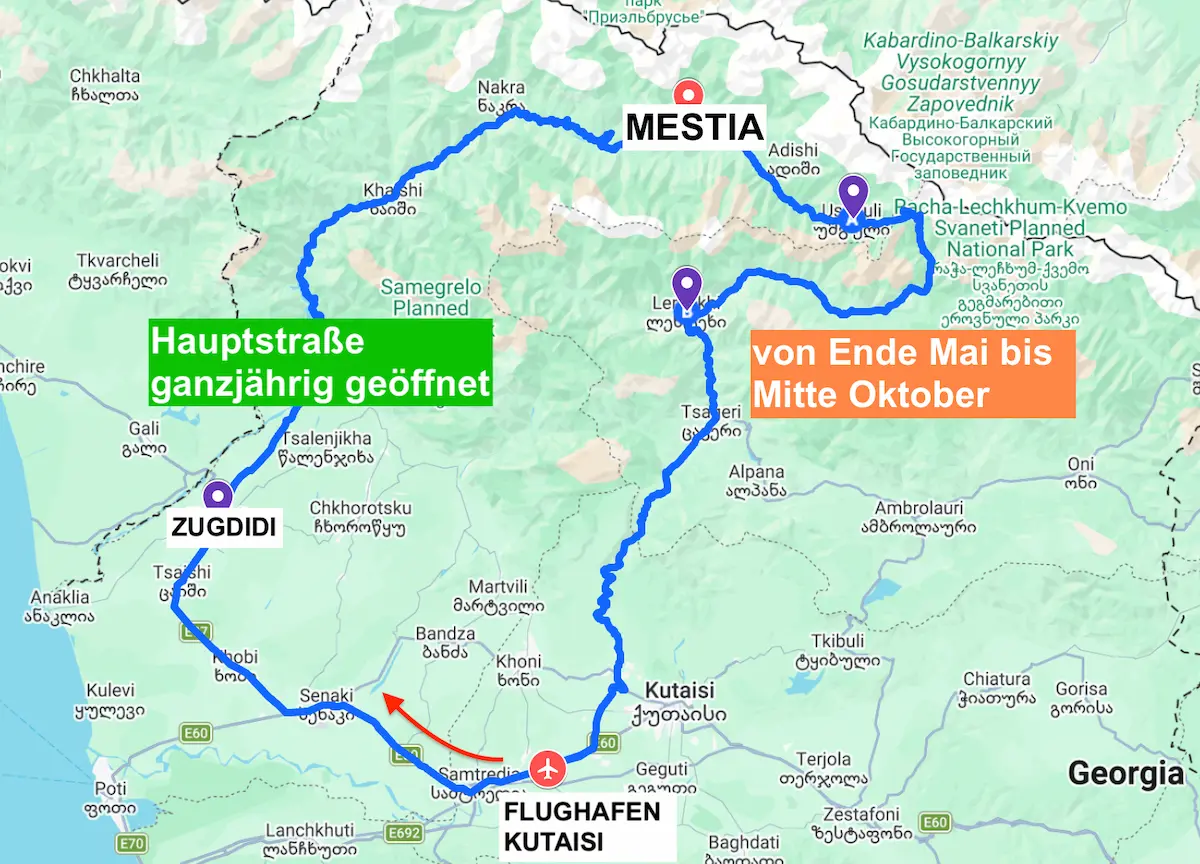 Karte der Straßen von Kutaisi nach Mestia über Zugdidi und Lentekhi