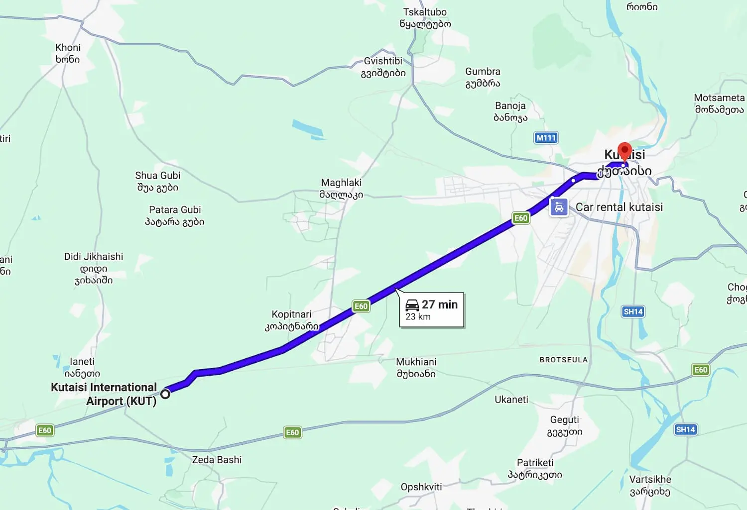 Route Flughafen Kutaisi ins Zentrum Karte