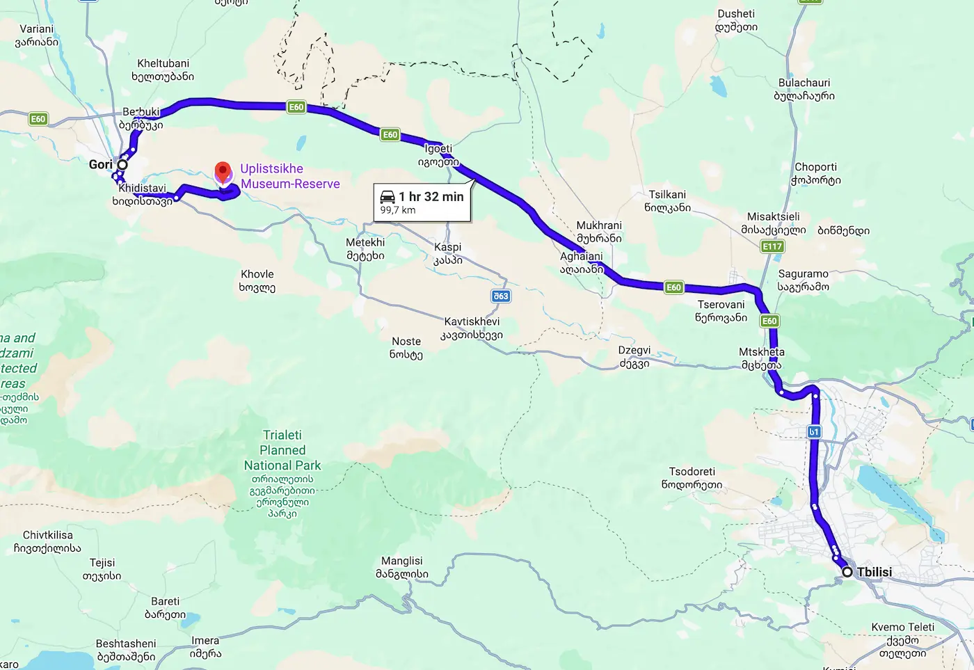 Route von Tiflis nach Uplistsikhe